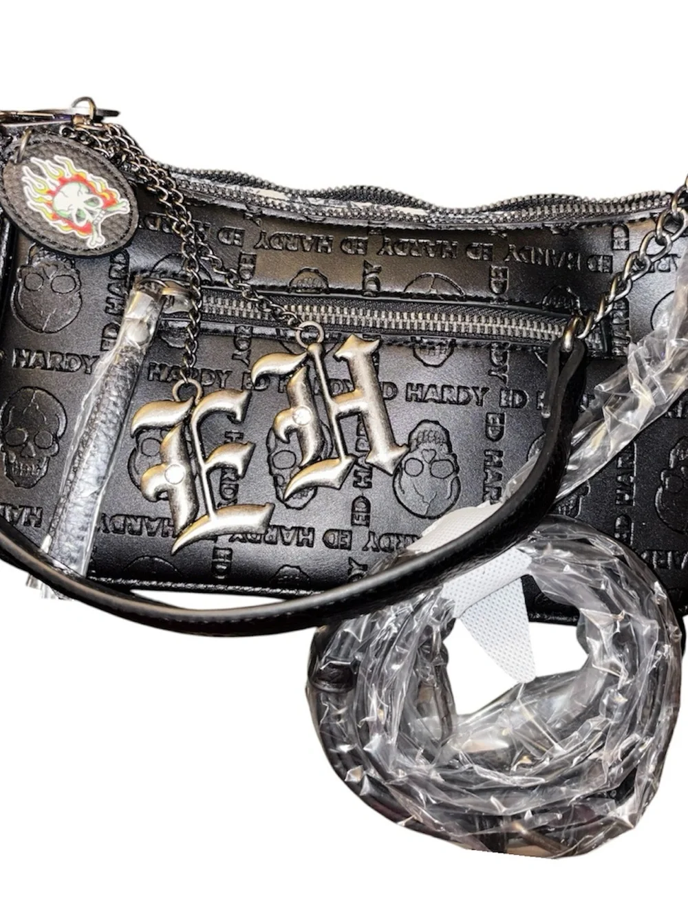 Ed Hardy Black Embossed Leather Crossbody Bag with Logo Charm - Picture 2 of 6